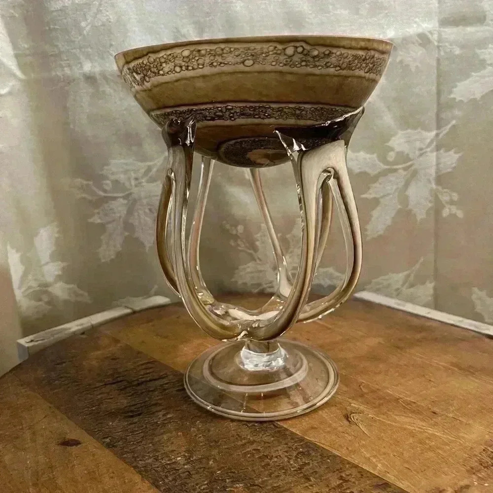 Zorza Vintage Hand Blown Art Glass  Jellyfish Pedestal Bowl, Poland 1990's 8"